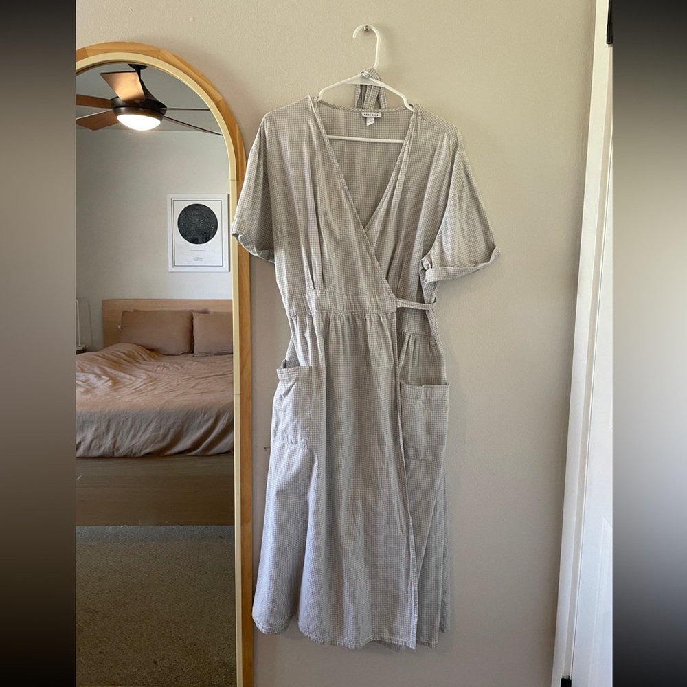 Gray Gingham Wrap Dress with Pockets